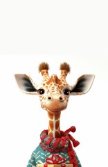 Festive giraffe in a winter sweater with a gift, blending tropical travel vibes with Christmas and New Year’s resort graphics.