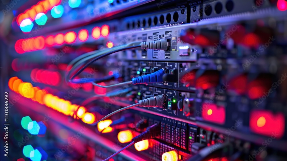 Poster a close-up of illuminated server racks showcasing various electronic components and connections.