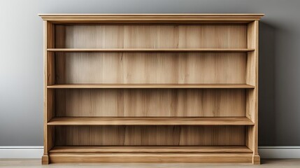 Empty wooden bookcase against a grey wall, offering a minimalist aesthetic. The wooden bookcase presents ample copy space for a clean, stylish look.
