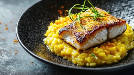 Saffron cream risotto paired with fried fish creates a delicious culinary experience. This risotto dish highlights the vibrant colors and textures, perfect for food photography with ample copy space.