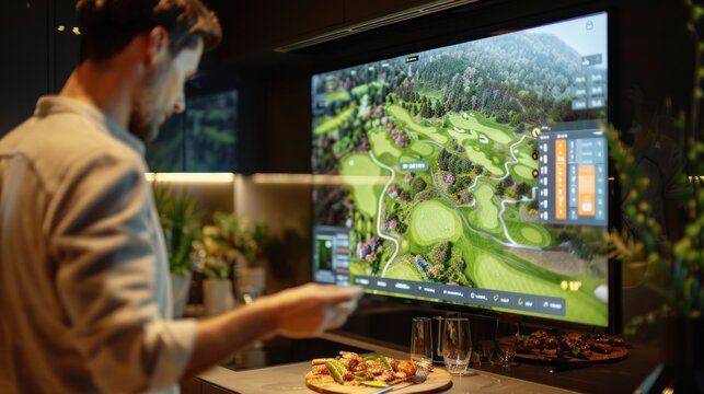 A man enjoys a meal while watching a golf simulation on a large screen.