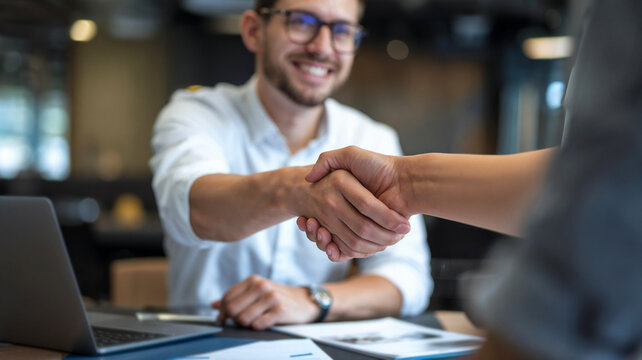 A happy young candidate man and HR manager handshaking in a job interview in office. Business career, hiring, recruiting new employee or placement, greeting, signing contracts, client deal concepts.	