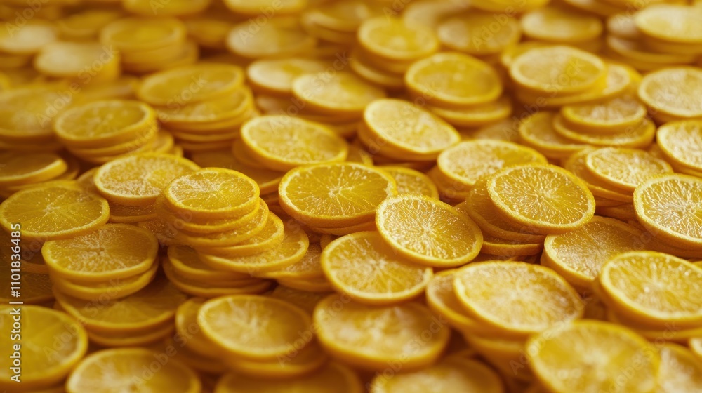 Poster a close-up of numerous yellow lemon slices arranged in a vibrant display.