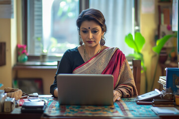 Fototapeta premium A businesswoman wearing a traditional sari working on a laptop in an office. Description: A striking representation of professional diversity and cultural inclusivity in the workplace.