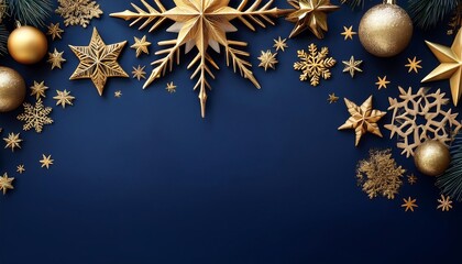  Elegant Christmas decorations feature golden snowflakes, ornaments, and stars against a_1(1013)