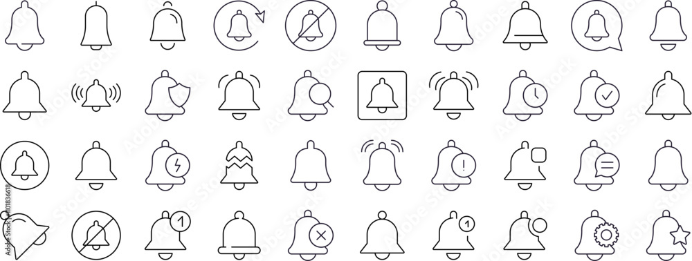 Poster bell with items simple isolated line icons collection. editable stroke. suitable for web sites, book