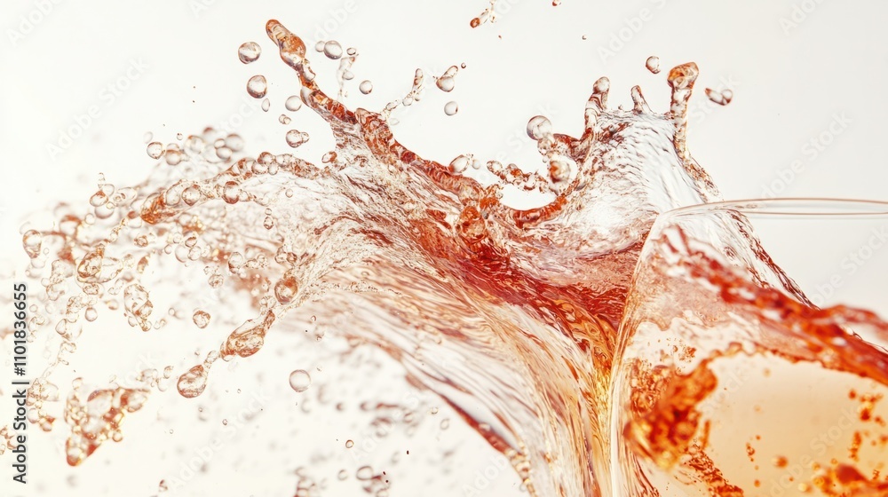 Poster close-up of ruby-red champagne splashing out of a wine glass, creating dynamic motion, isolated on w