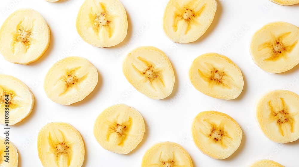 Poster isolated banana slices arranged on a clean white background, emphasizing the fresh and vibrant appea