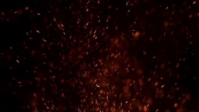 Flying around fire dust particles sparks or ember from a burning fire with realistic movement. on a black background