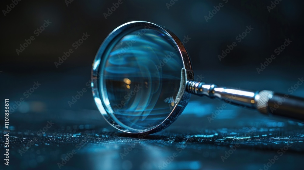Poster a close-up of a magnifying glass resting on a textured surface, suggesting investigation or analysis