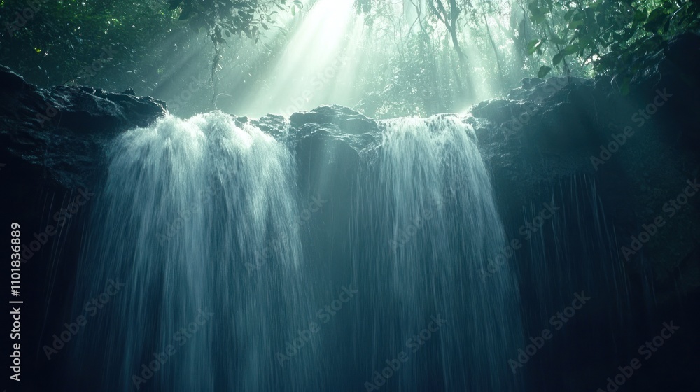 Poster a serene waterfall cascading through a lush forest, illuminated by soft, ethereal light.