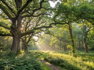 Fototapeta premium Lush Sunlit Forest Scene with Tall Trees and Vibrant Underbrush, Evoking Wilderness and Tranquility in Urban Exploration Photography