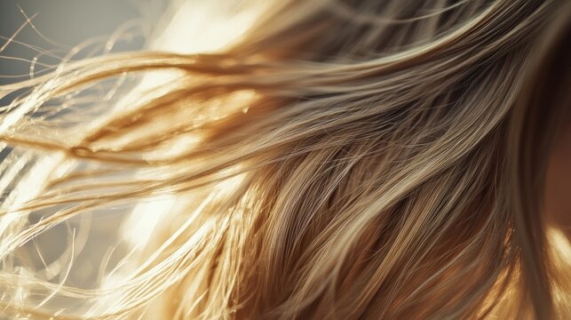 Closeup of a hairstyle highlighting dried blond hair in daylight, capturing blond strands from front to rear, with a glaucium light adding shine and bokeh effects throughout the image.