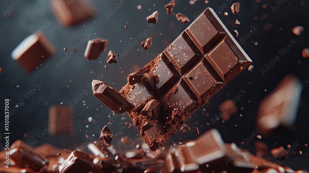 Poster chocolate bars drop gracefully against a dark background, creating an enticing scene of chocolate ba