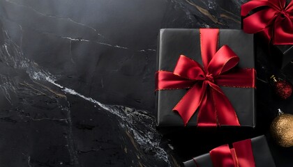  Elegant black gift boxes tied with crimson ribbons adorn a sleek black marble backdrop, sho_1(1009)