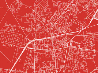 Christmas Map of Bemowo, Poland in Snowy White on Festive Red Background.