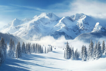 Snowy mountain landscape with pine trees and a ski lift. The snow-covered peaks and the bright blue sky create a stunning winter scenery.