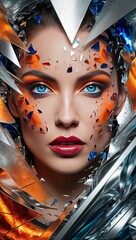 A woman with vibrant makeup and striking blue eyes, framed by shattered metallic shards in shades of orange and silver. Futuristic and bold.