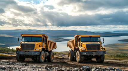 Obraz premium Two Yellow Dump Trucks on Mountain Road, Scenic View