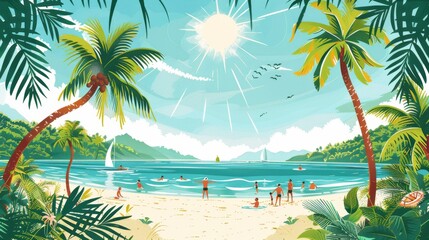 Obraz premium Vibrant beach scene with sunbathers, volleyball games, and children crafting sandcastles