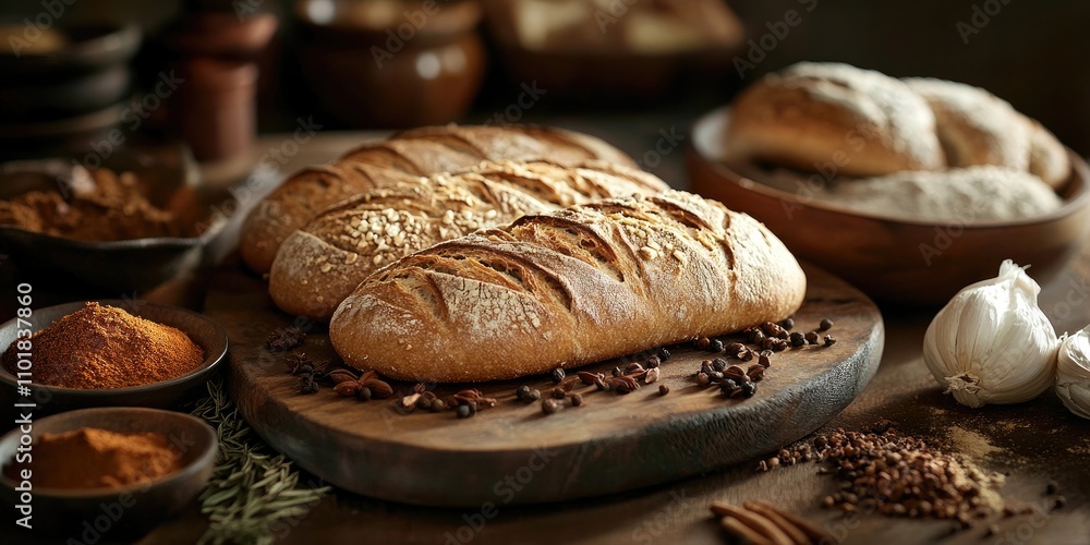 Poster a close up view featuring freshly baked bread accompanied by an array of spices displayed on a rusti