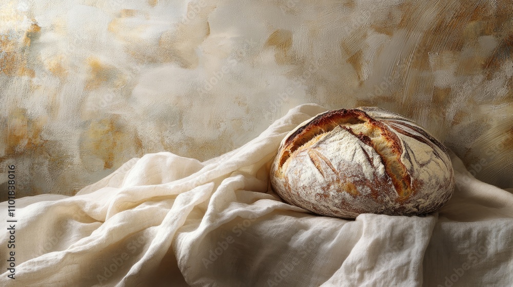 Poster artisan bread loaf wrapped in a soft linen cloth, highlighting the texture and detail of homemade ba