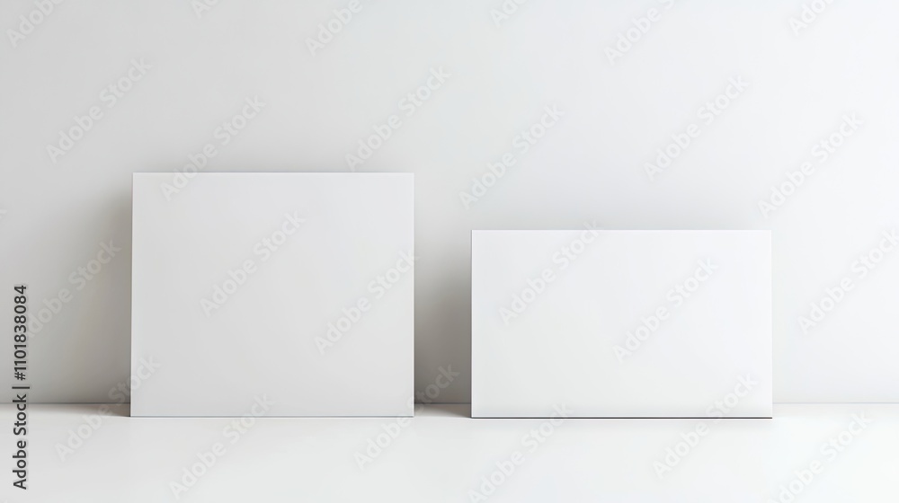 Aufkleber blank white horizontal rectangular a4 poster and business card mockup on a clean background, ideal f