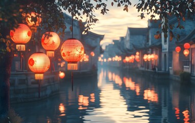 A serene evening scene featuring traditional lanterns illuminating a peaceful canal