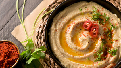 Delicious hummus in ceramic bowl