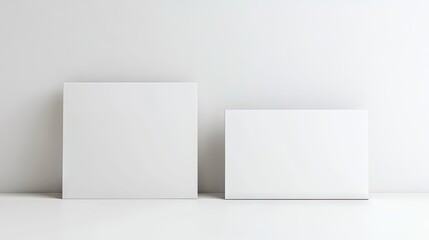 Fototapeta premium Blank white horizontal rectangular A4 poster and business card mockup on a clean background, ideal for displaying your designs with ample photo style copy space.