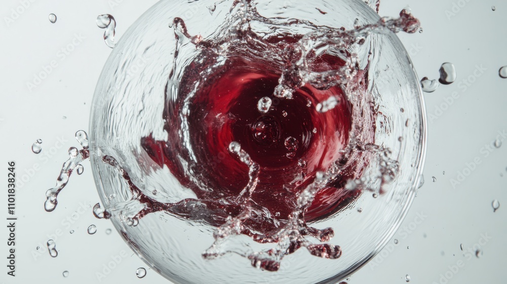 Poster deep red wine champagne splashing inside a crystal-clear glass, creating dramatic patterns of drople