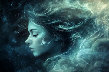 A serene portrait of a woman surrounded by swirling, misty smoke, symbolizing tranquility, imagination, and the beauty of fleeting thoughts.