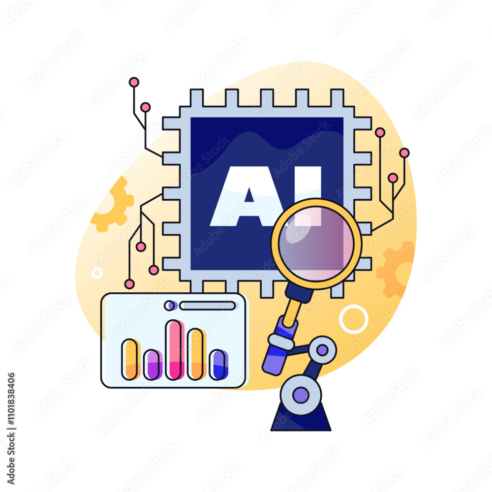 Fototapete AI process, creation and betterment of artificial intelligence. Vector isolated analysis and magnifying glass with chip for hardware of computer or robot. Futurist innovations and technology