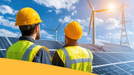 Two workers in hard hats observe a solar farm and wind turbines under a bright sky, highlighting renewable energy and sustainable technology.