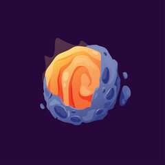 Obraz premium Fiery energy ball with shining and glowing. Vector isolated icon of magic or fantasy planet with plasma flowing. Game design or space theme decoration. Magma heat on surface of celestial body