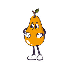 Fruit pear character with leaf, facial expression, hands and legs. Vector isolated retro groovy personage with smirking or smiling face, holding belly. Comic ripe berry, or sticker
