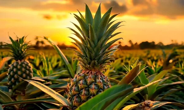 pineapple fruits in garden on nature background	
