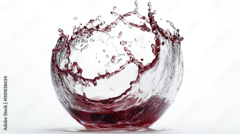 Poster deep red wine champagne splashing inside a crystal-clear glass, creating dramatic patterns of drople