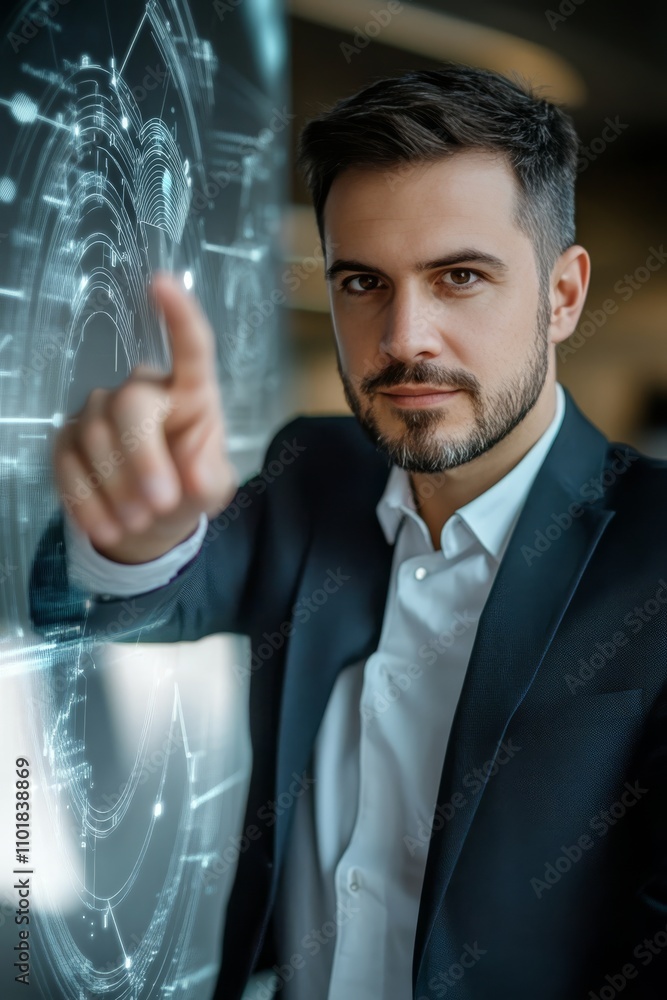 Poster professional man interacting with digital interface in modern office setting