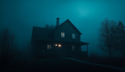A creepy old house with dark windows and fog rolling in