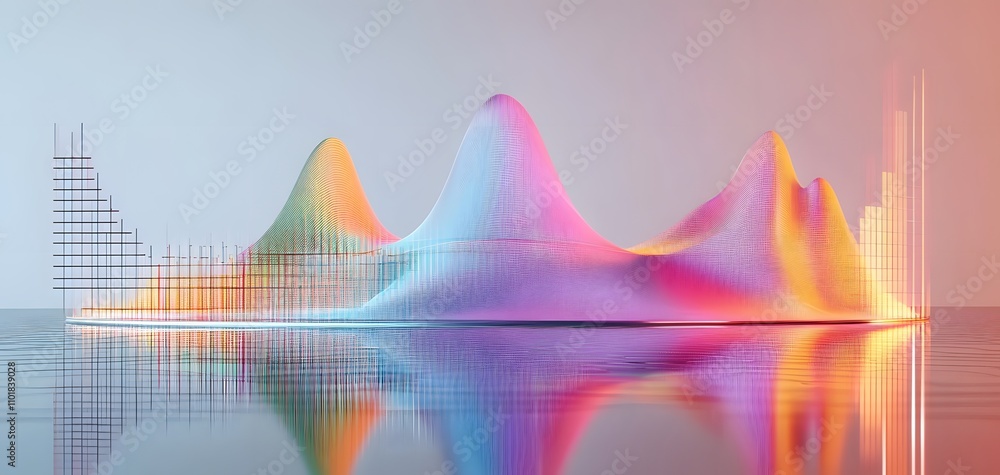 Poster a vibrant abstract representation featuring colorful, wavy shapes reflecting on a calm surface. this