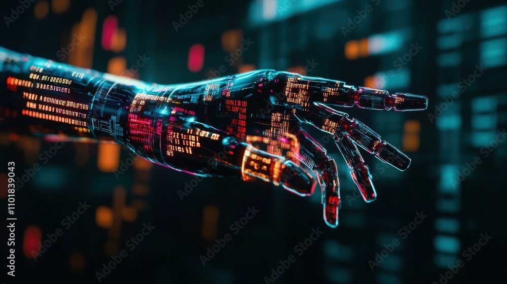 Poster futuristic robotic arm with pixelated neon code digital environment technology concept