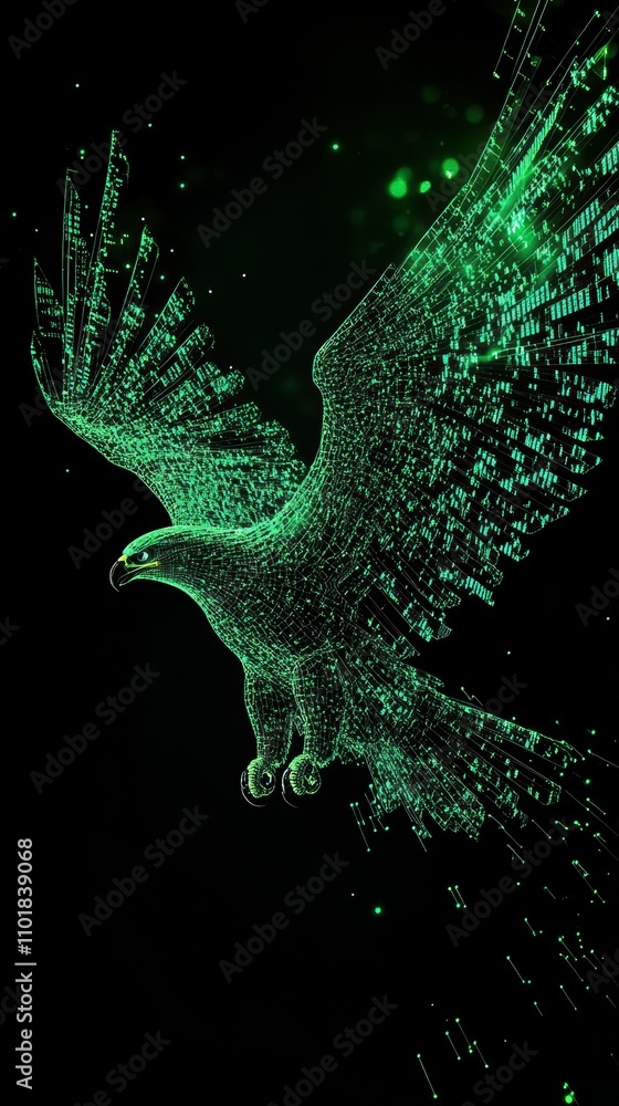 Poster dynamic pixelated neon green eagle with data streams digital art futuristic environment aerial view