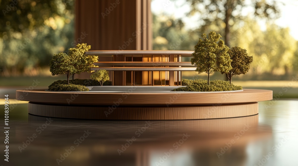 Poster architectural model presentation on rotating podium outdoors 3d visual display nature setting