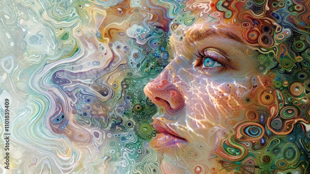 Poster a surreal portrait blending human features with vibrant, abstract patterns and colors.
