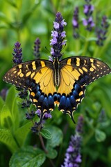 A yellow and black butterfly sits on a purple flower, showcasing its vibrant colors