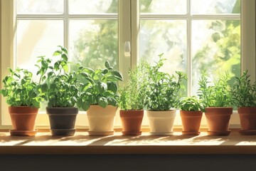 A row of potted herbs sit on a windowsill, bathed in the warm sunlight streaming in from the window behind them.