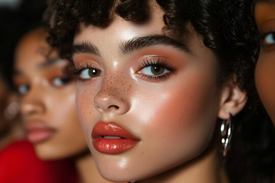 Close-up Portrait of a Young Woman with Freckles and Peach-Toned Makeup
