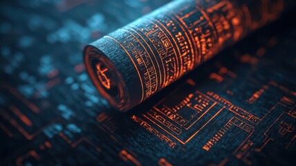 law restriction concept. An ancient scroll intertwined with futuristic tech, bridging old laws and modern governance