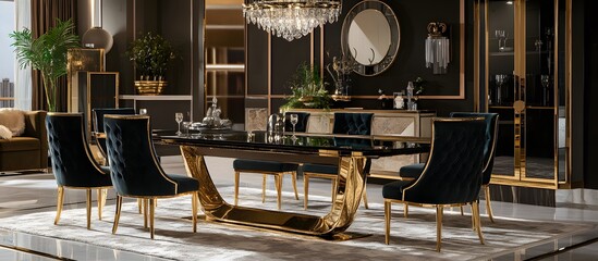Luxurious black and gold dining set in modern interior.